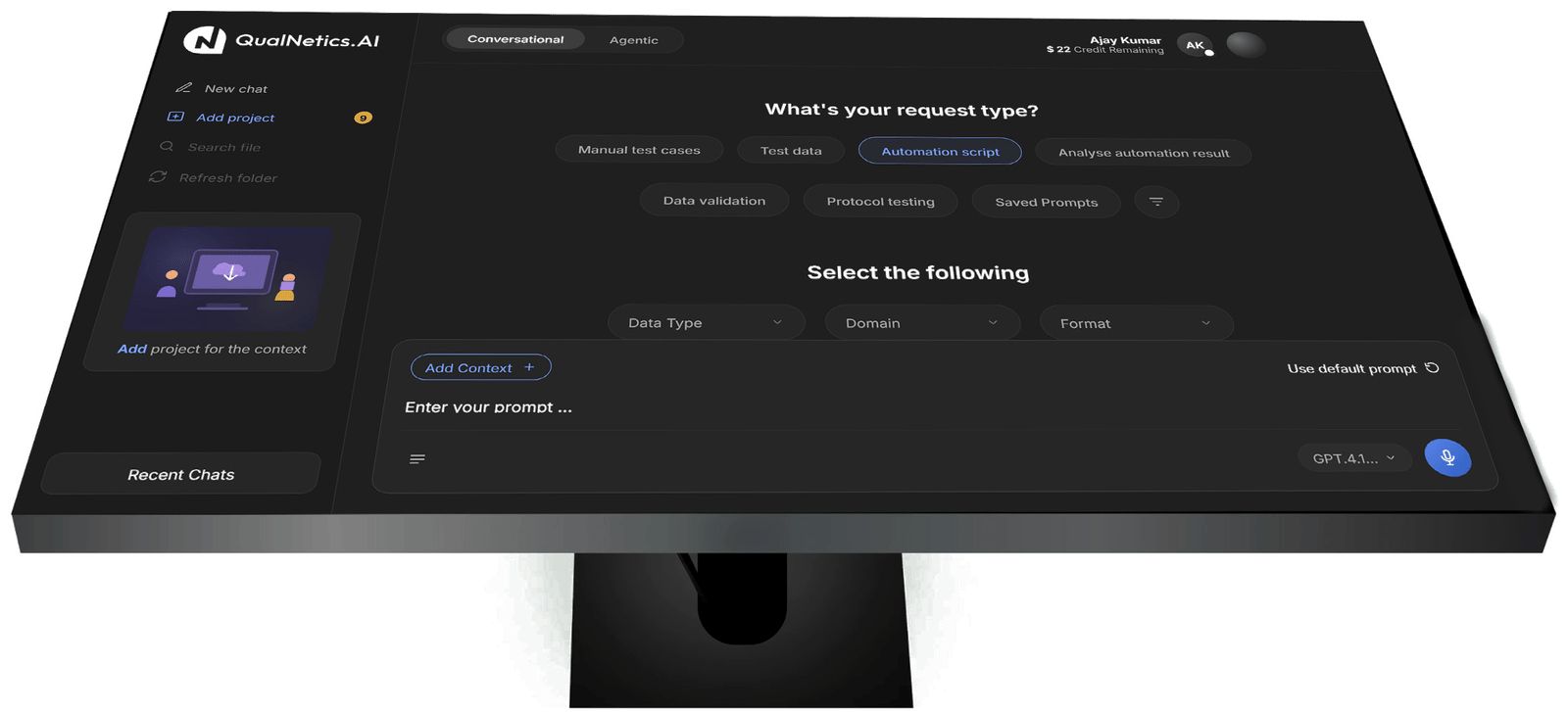 QualNetics.AI conversational dashboard shown on a desktop monitor, prompt entry, request type selection, and account context.